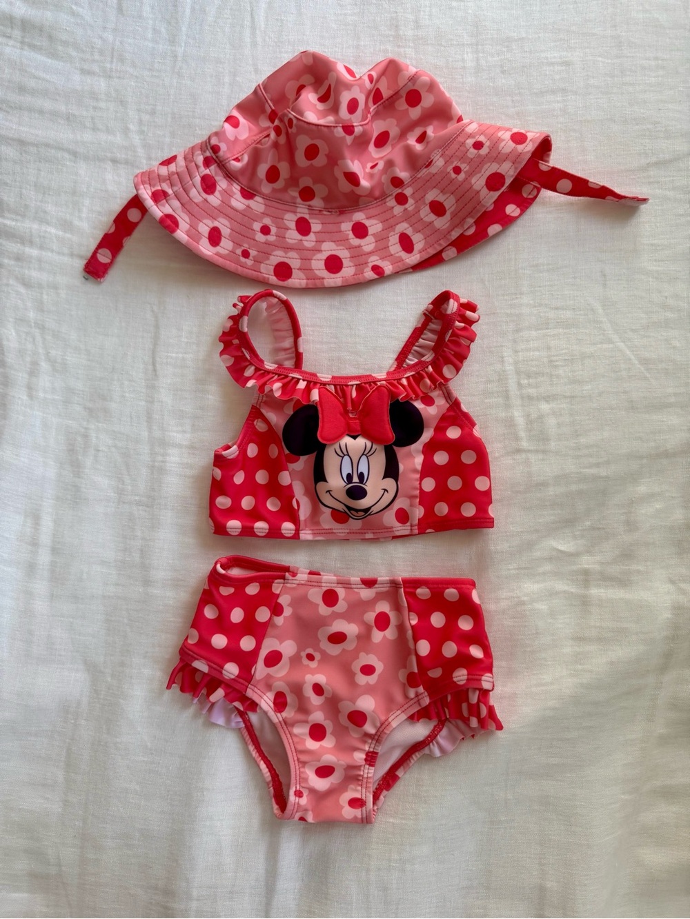 Disney Minnie Mouse Girls Pink & Red Two-Piece Swim Set with Hat